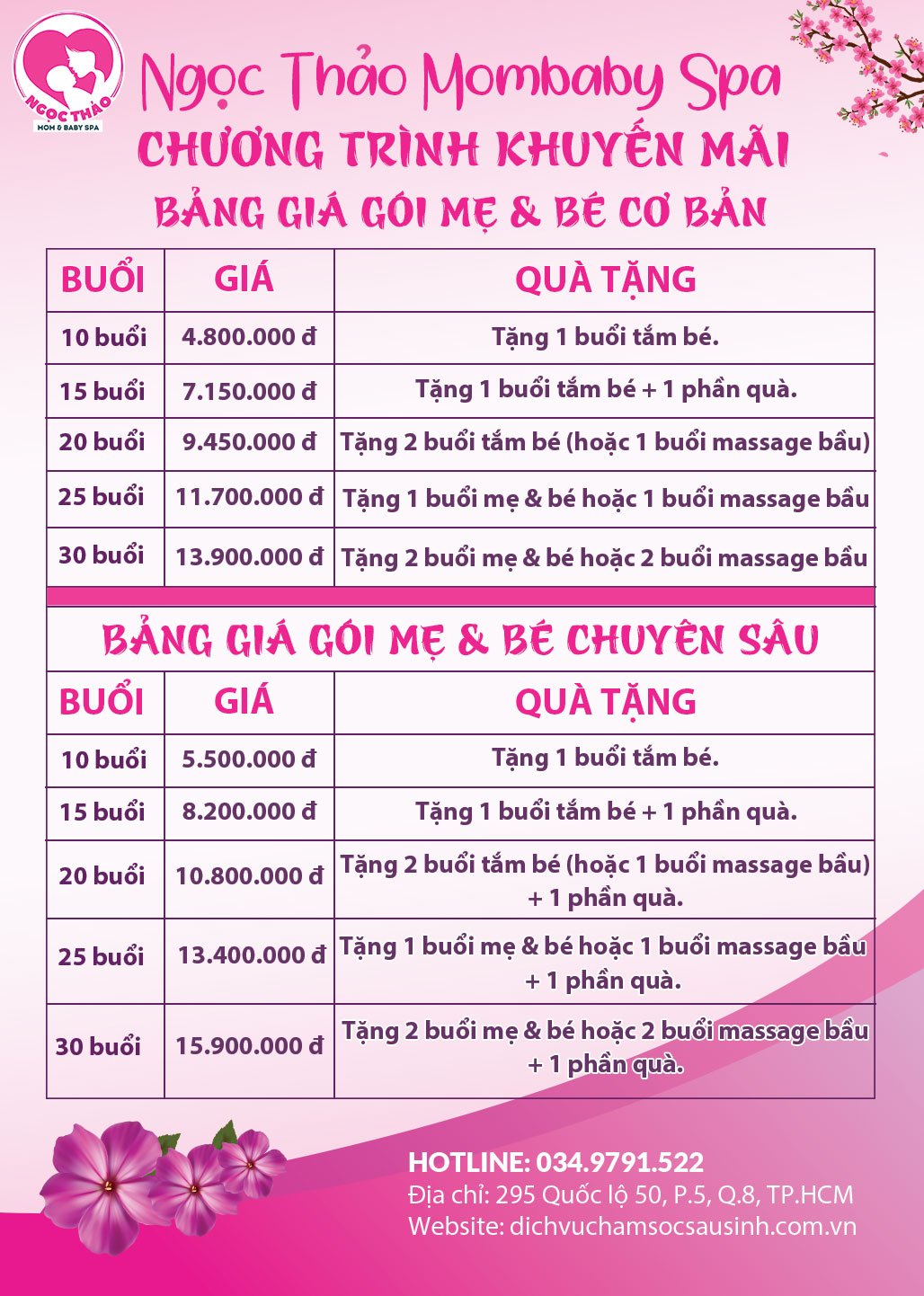 Bảng giá dịch vụ chăm sóc mẹ và bé