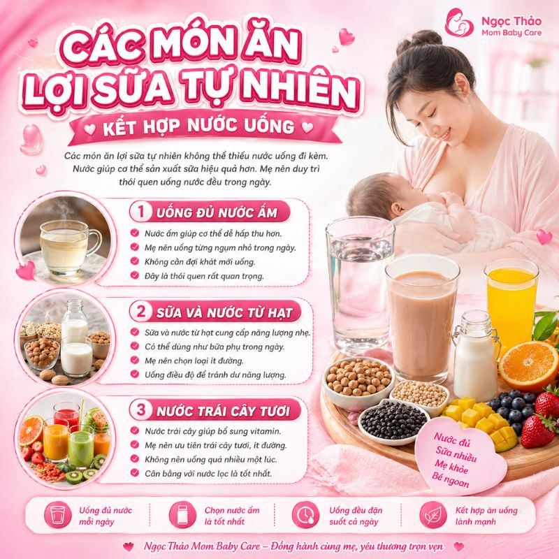 các món ăn lợi sữa tự nhiên kết hợp nước uống