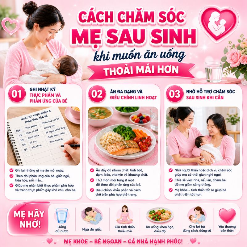 cách chă sóc mẹ sau sinh khi muốn ăn uống thoải mái