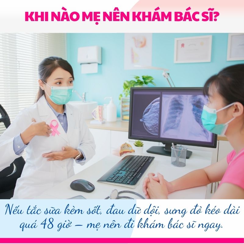 Nếu tắc sữa kèm sốt, đau dữ dội, sưng đỏ kéo dài quá 48 giờ – mẹ nên đi khám bác sĩ ngay.