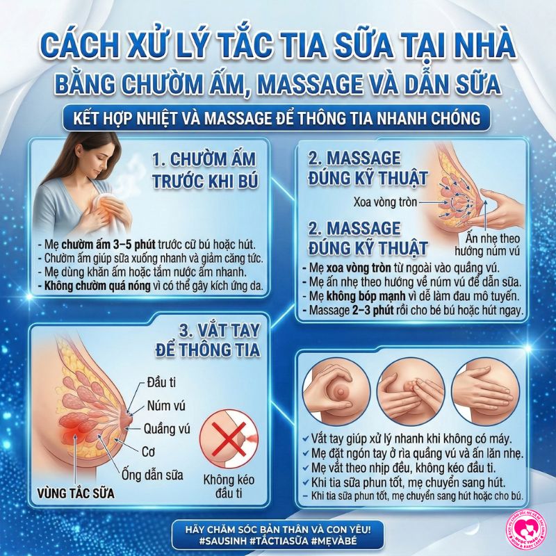cách xử lý tắc tia sữa tại nhà bằng cách chườm ấm, massage và dẫn sữa