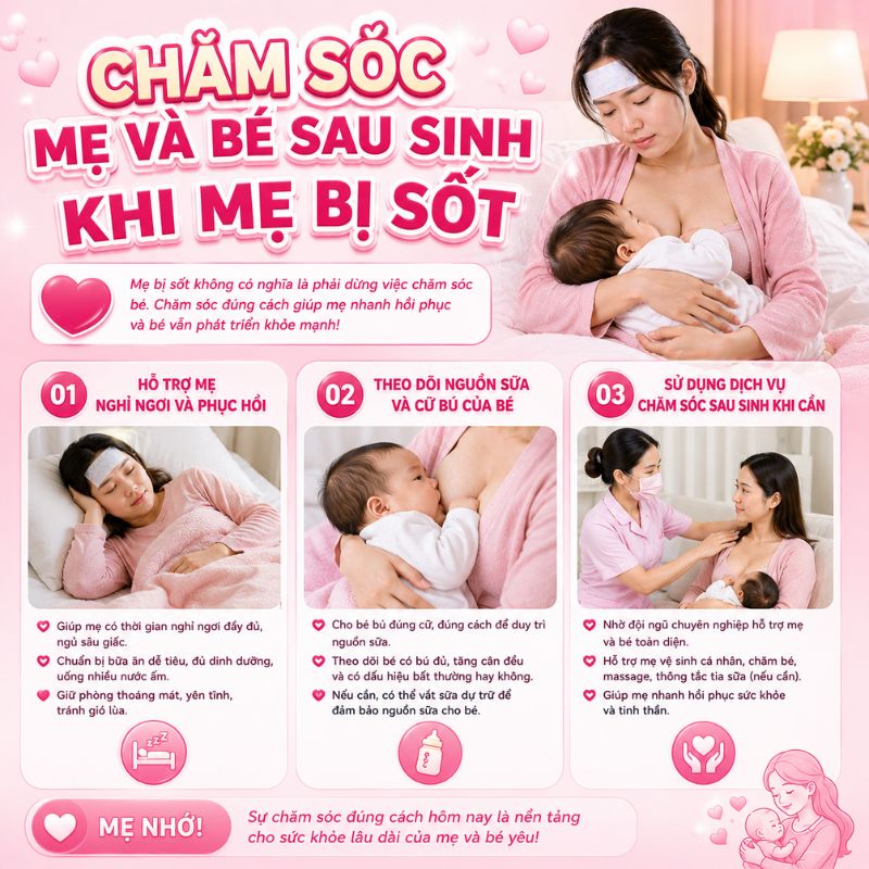 chăm sóc mẹ và bé khi bị sốt