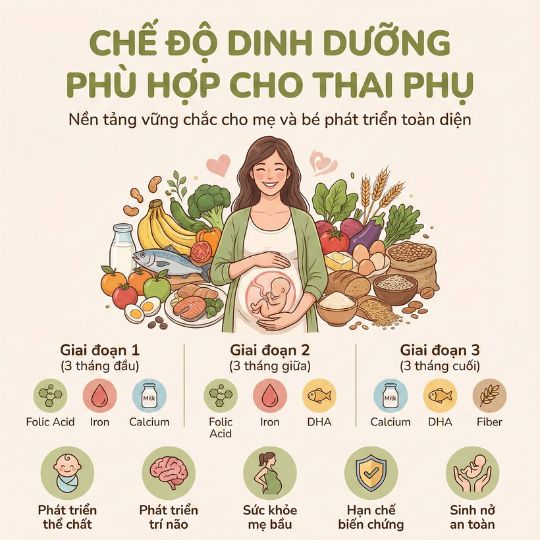 Chế độ dinh dưỡng phù hợp cho thai phụ theo từng giai đoạn thai kỳ