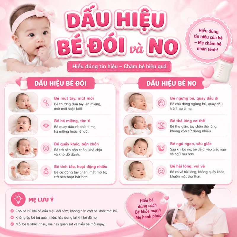 dấu hiệu bé đói và no sữa