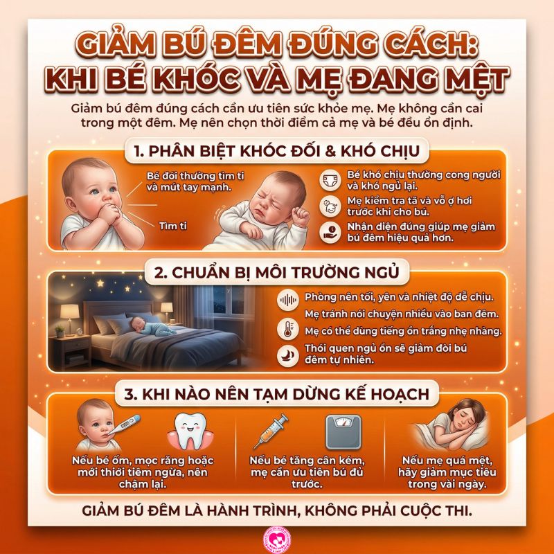 giảm bú đêm đúng cách khi bé khóc và mẹ mệt