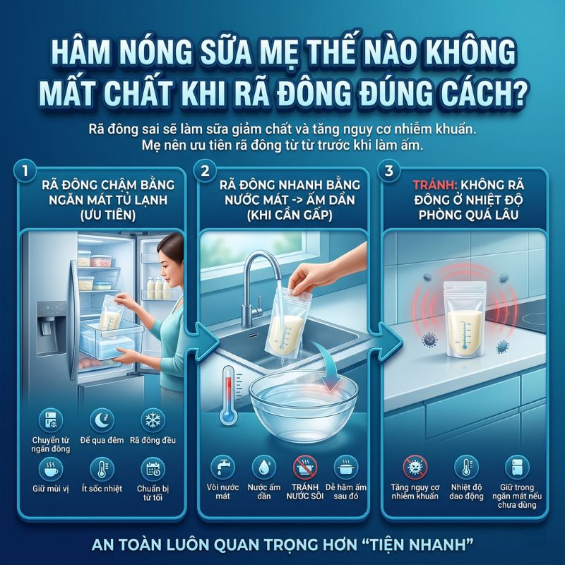 hâm nóng sữa mẹ sau khi rã đông
