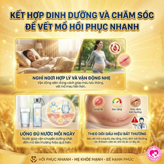kết hợp dinh dưỡng vời nghỉ ngòi và chăm sóc vết mổ sau sinh