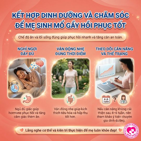 kết hợp dinh dưỡng và chăm sóc mẹ sinh mổ theo thể trạng gầy