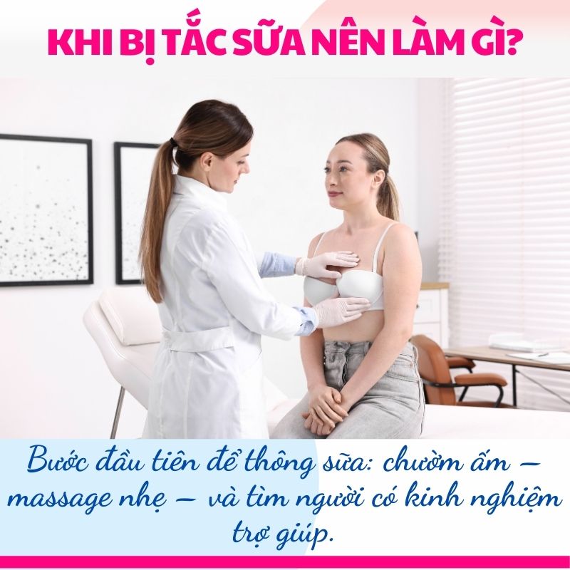 Bước đầu tiên để thông sữa: chườm ấm – massage nhẹ – và tìm người có kinh nghiệm trợ giúp.