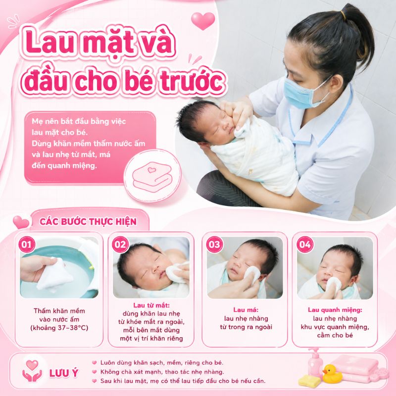 lau mặt và đầu cho bé trước
