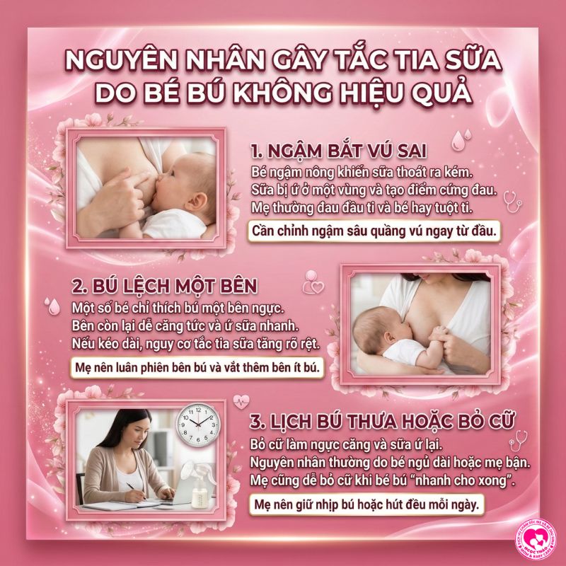 bé bú không hiệu quả do ngậm bắt vú sai, bú lệch bên, lịch bú thưa hoặc bỏ cữ