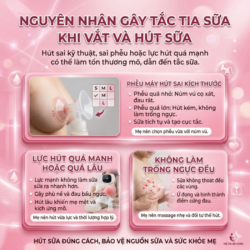 nguyên nhân gây tắc tia sữa do vắt và hút sữa