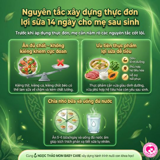 nguyên tắc xây dựng thực đơn lợi sữa 14 ngày cho mẹ sau sinh