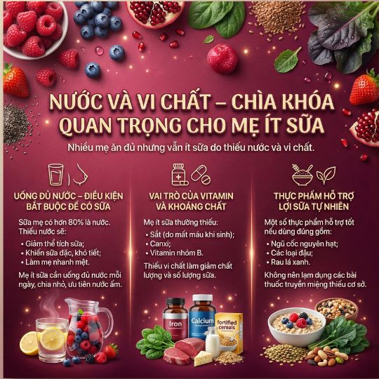 nước và vi chất là chìa khóa quan trọng cho mẹ ít sữa