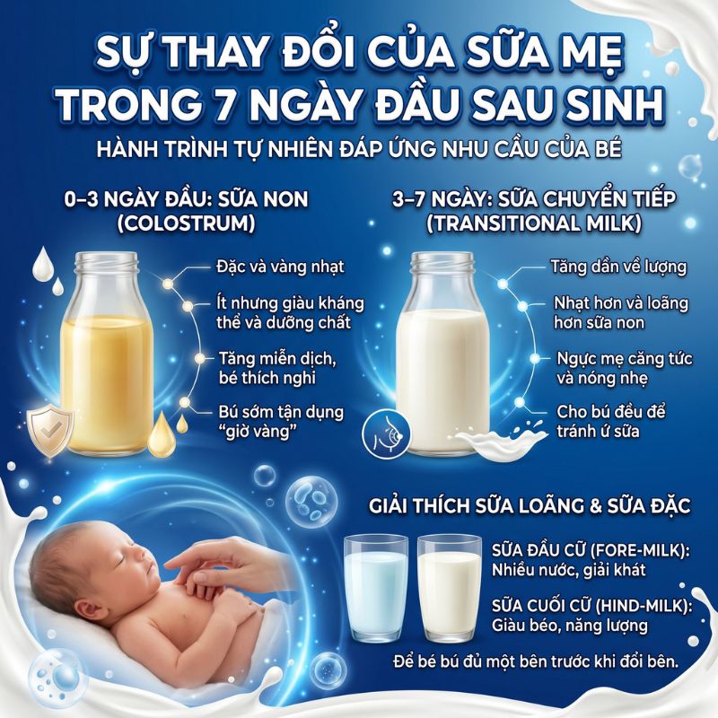 sự thay đổi của sữa mẹ trong 7 gnayf đầu