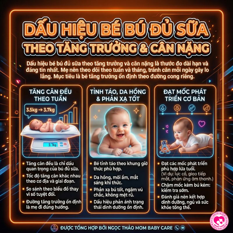Dấu hiệu bé bú đủ thông qua việc theo dõi tăng trưởng và cân nặng của trẻ