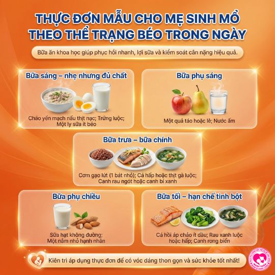 thực đơn cho mẹ sinh mổ theo thể trạng béo trong ngày