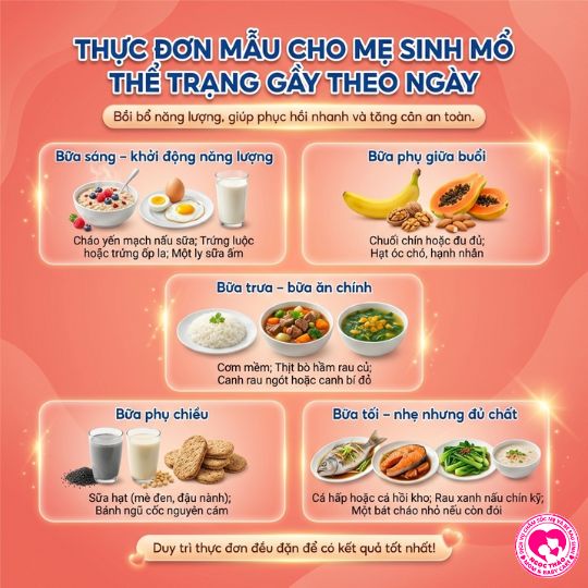 thực đơn cho mẹ sinh mổ thể trạng gầy theo từng ngày