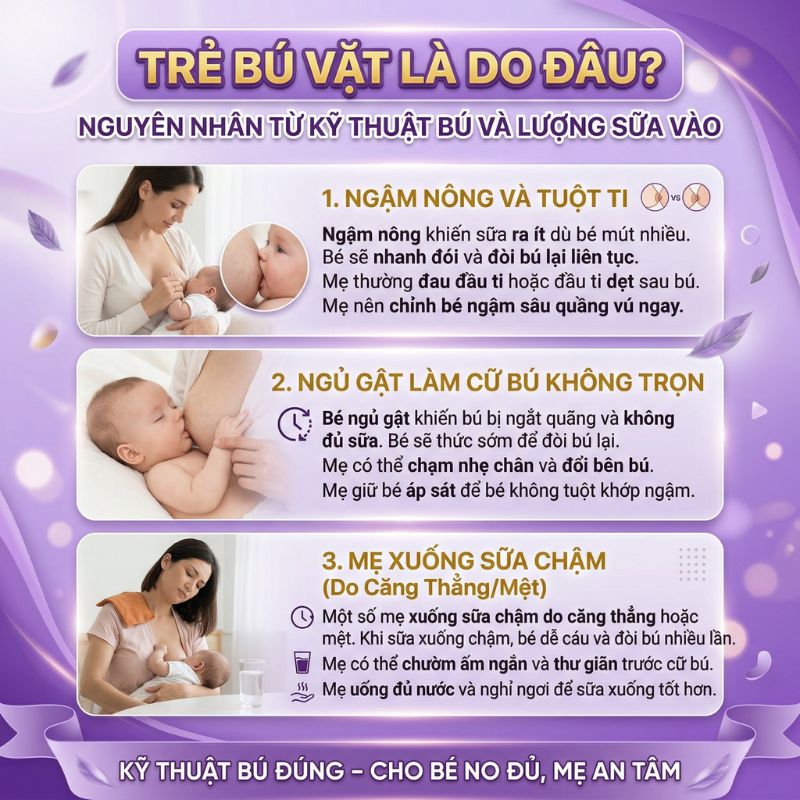 trẻ bú vặt là do kỹ thuật bú và lượng sữa